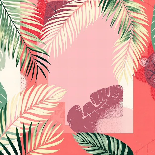 a pink background with palm leaves and the word hi is written in red