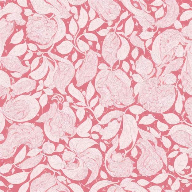 A pink background with a pattern of leaves and flowers.