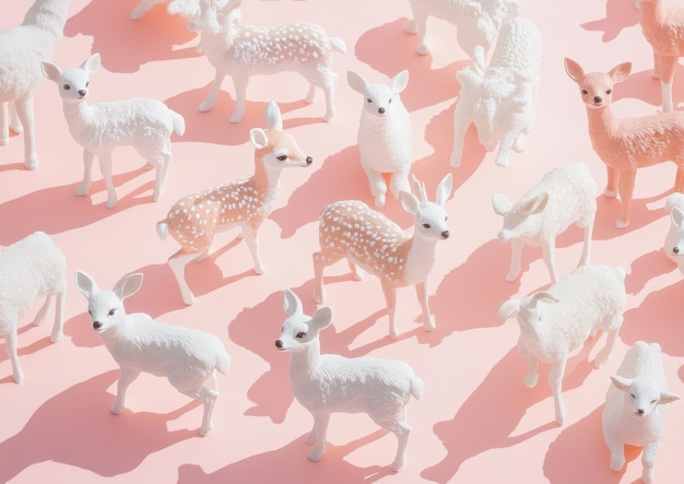 Photo pink background with a pattern of reindeer figurines