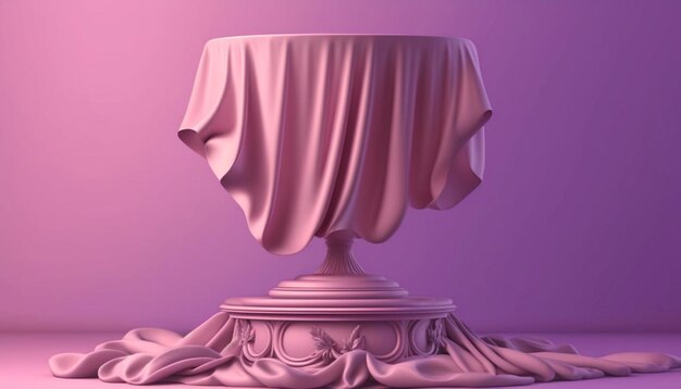 Pink background with pedestal and flying silk cloth Ai generative