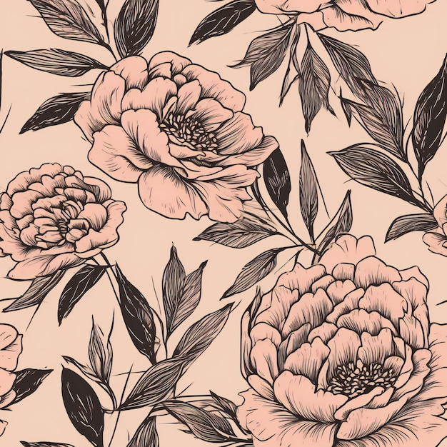 A pink background with peonies and leaves.