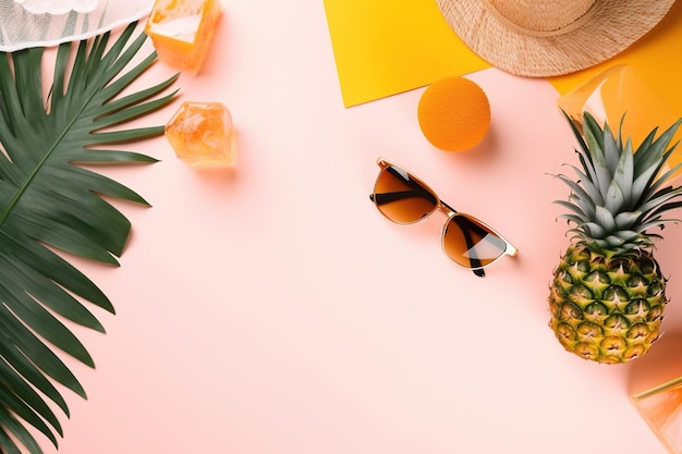 A pink background with a pineapple a hat sunglasses and a palm tree