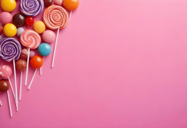 a pink background with a pink background and a pink background with a line of colorful lollipops