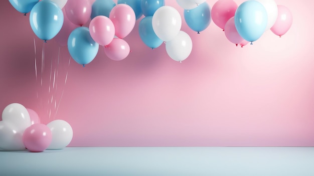 A pink background with a pink and blue balloons