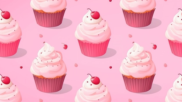 a pink background with pink cupcakes with pink frosting and hearts.