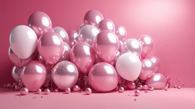 a pink background with pink and silver balloons