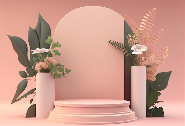 Pink background with a podium and flowers generative ai