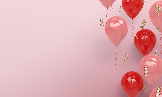 Pink Background with Realistic Pink and Red Balloons Celebration 3D Render