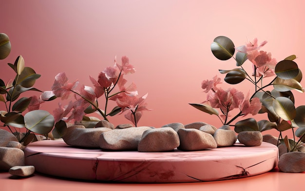 A pink background with rocks and flowers on it