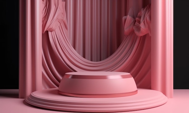 Pink background with a round podium and a round object in the middle.