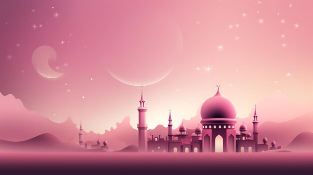 a pink background with a silhouette of a mosque and a moon