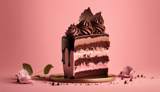 A pink background with a slice of cake with pink icing and chocolate icing.