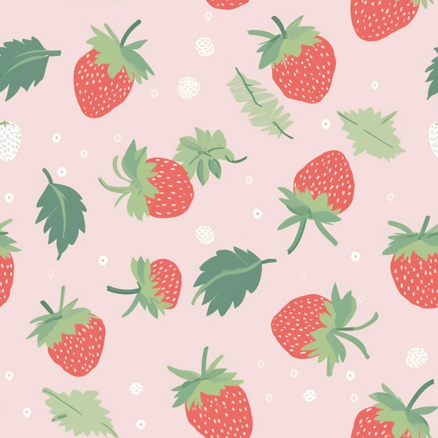 A pink background with strawberries and leaves.