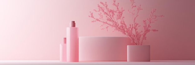 Photo a pink background with three pink bottles of product a pink cylinder and a pink square vase w