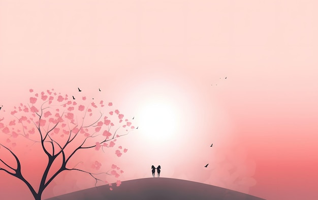 A pink background with a tree and two people on it.