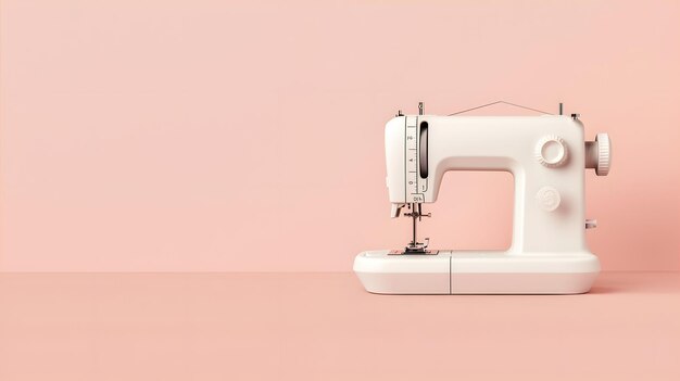 Photo pink background with a vintage white sewing machine on the right