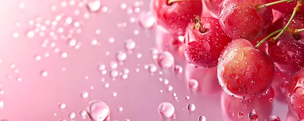 a pink background with water droplets and cherries on it