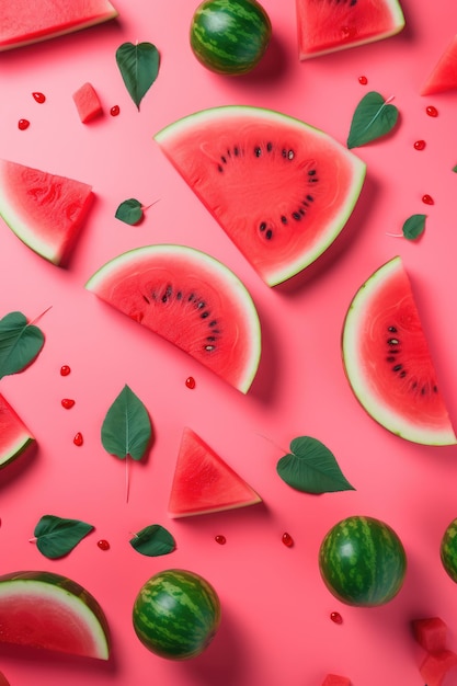 A pink background with watermelon slices generative ai