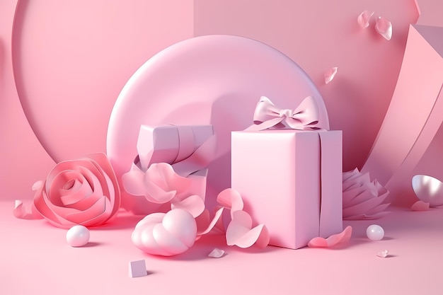 A pink background with a white bow and a pink gift box.