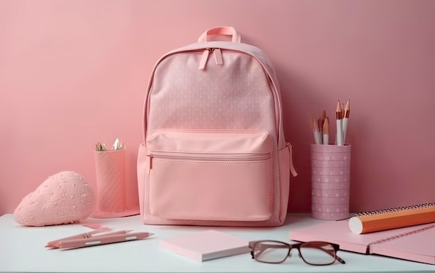 Pink backpack on a desk with a pink background