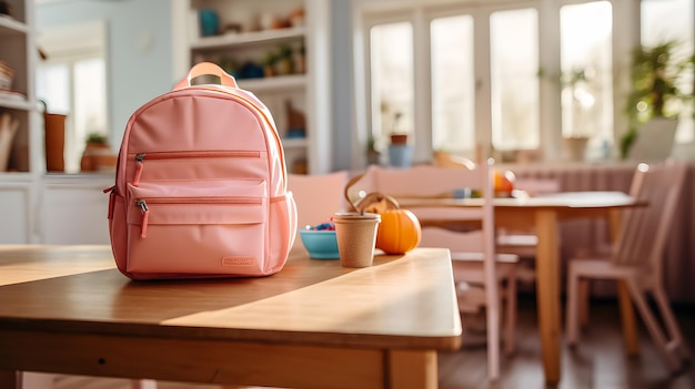 a pink backpack sits on a table with a pumpkin and a pumpkin on the table.