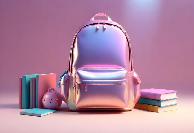 a pink backpack with a pink face on it sits next to books