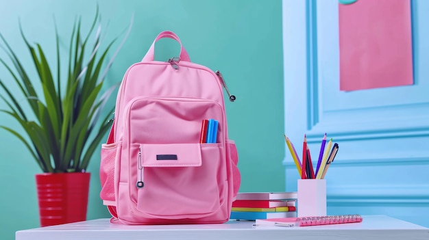 a pink backpack with a pink handle sits on a table