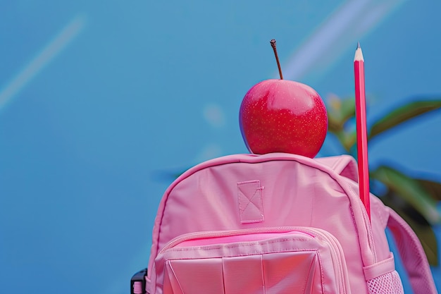 Photo a pink backpack with a red apple and a pencil on top of it