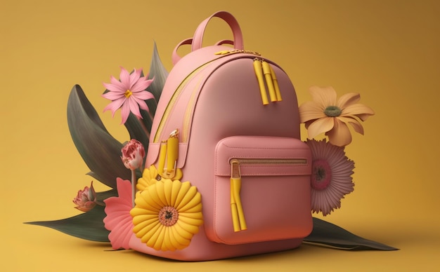 A pink backpack with yellow flowers on it