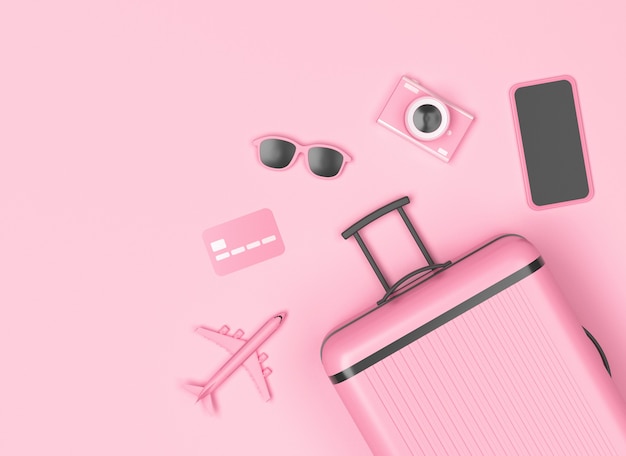 pink baggage with smartphone, camera, sun glasses on pastel pink background. 3d rendering