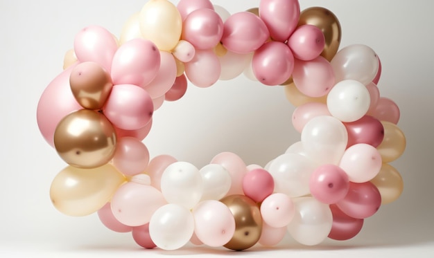 A pink balloon arch with a gold ball on it.