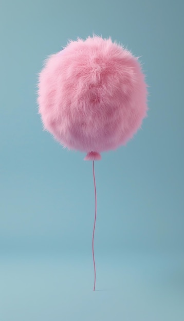 A pink balloon made of fur floating in the air against a light blue background in a minimalist style