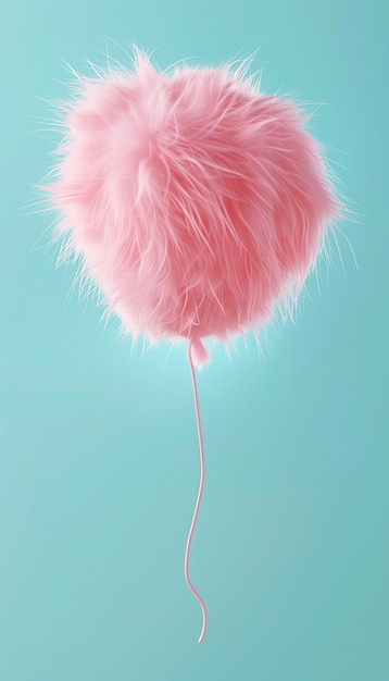 A pink balloon made of fur floating in the air against a pastel blue background in a simple