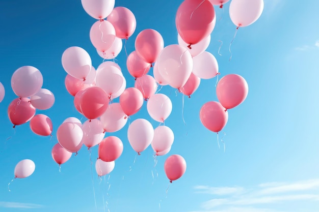 Pink balloons floating in a clear blue sky pink life