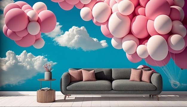 Pink balloons and fluffy clouds in the blue sky