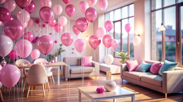 pink balloons with white and pink balloons hanging from a ceiling