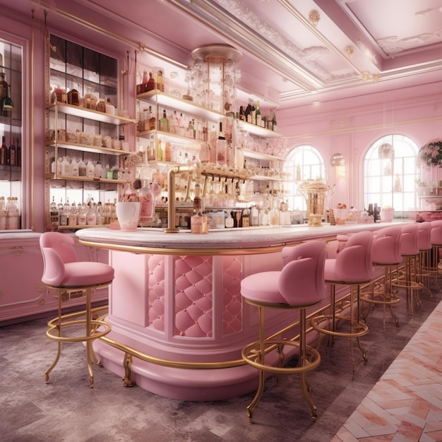 A pink bar with a pink marble counter and pink chairs.