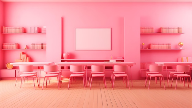 Pink barbie classroom interior with pink walls pink chairs and round tables 3d rendering mock up