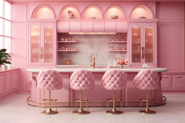 Pink barbie interior luxury modern house in city Barbie pink concept Generative Ai