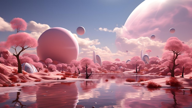 Pink barbie landscape in pink planet world with dreamy tree in the style of futuristic world