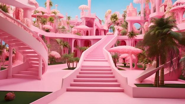 Pink barbie luxury house in pink planet world in the style of futuristic world