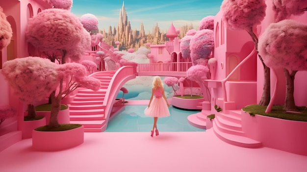 Pink barbie luxury house in pink planet world in the style of futuristic world