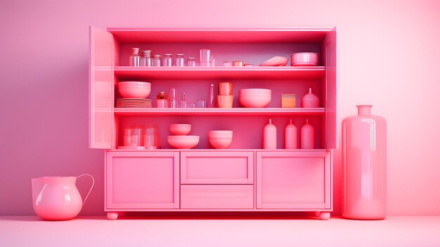 Pink barbie modern kitchen interior with fridge and sink 3d render illustration