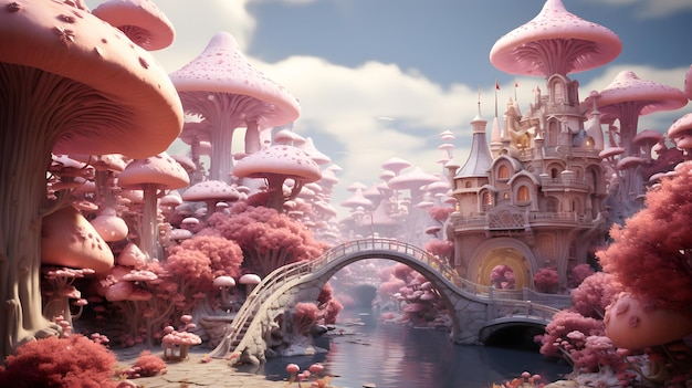 Pink barbie Mushroom house in pink planet with pink forest in the style of futuristic world