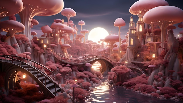 Pink barbie Mushroom house in pink planet with pink forest in the style of futuristic world