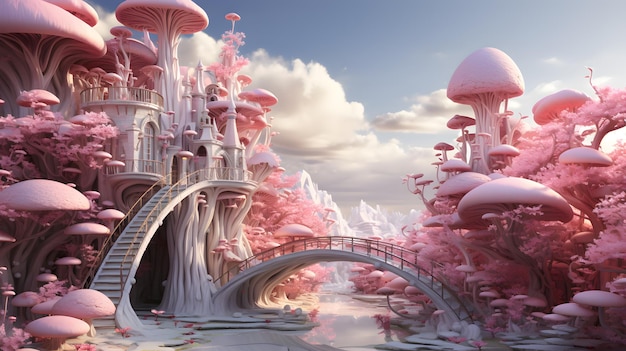 Pink barbie Mushroom house in pink planet with pink forest in the style of futuristic world