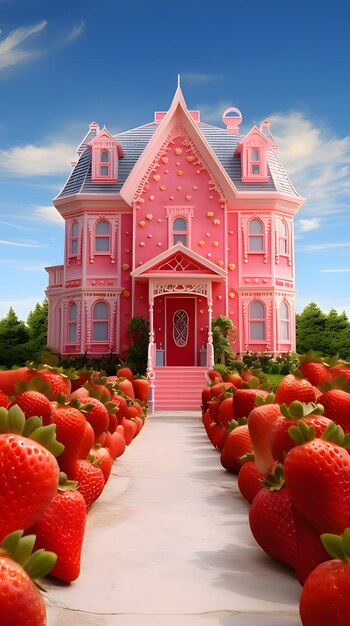 A pink barbiestyle house and a mass of strawberries in front of it