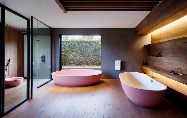 A pink bath tub sitting on top of a wooden floor.