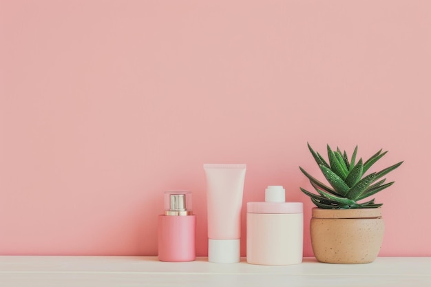 Pink Bathroom Countertop With Skincare Products and Succulent