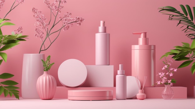 a pink bathroom with a pink bottle of perfume and flowers